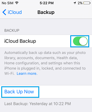 立即备份选项 ob iCloud 备份屏幕在 iPhone 上