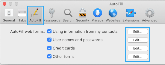 在 Safari 浏览器中编辑自动填充信息