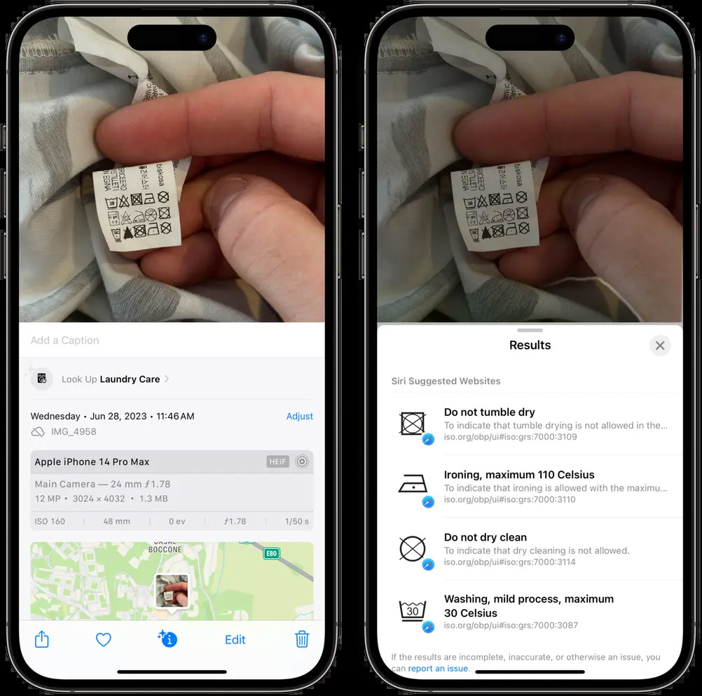 苹果 iOS 17 “看图查询”功能支持识别衣服洗涤标志