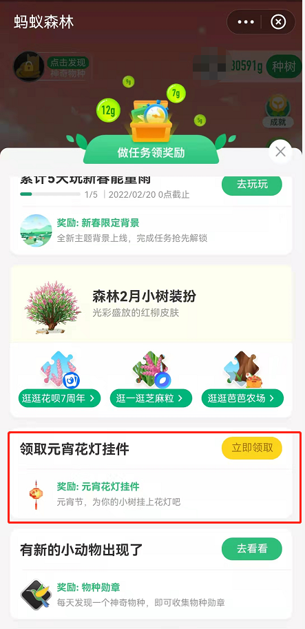支付宝蚂蚁森林在哪领元宵花灯挂件
