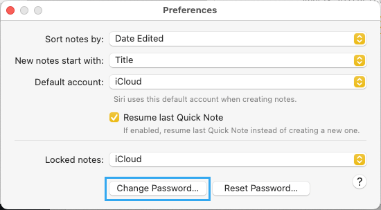 在 Mac 上的 Notes 应用程序中更改密码选项